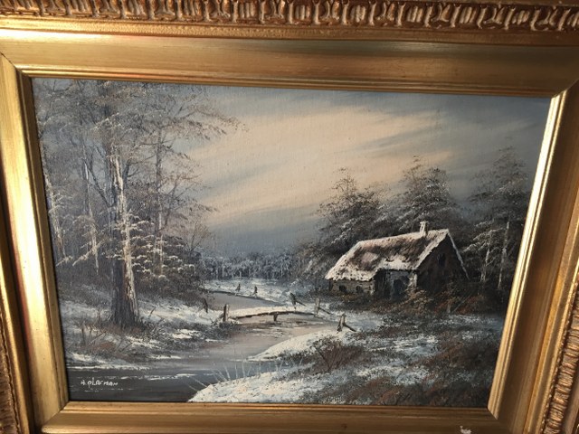 Wintertafereel huis bruggetje en bomen